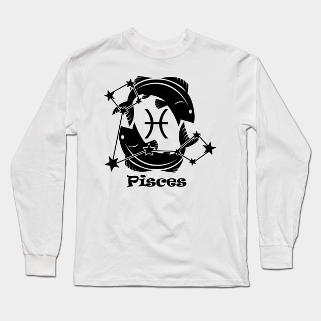 Pisces - Zodiac Astrology Symbol with Constellation and Fish Design (Black on White Variant) Long Sleeve T-Shirt by Occult Designs